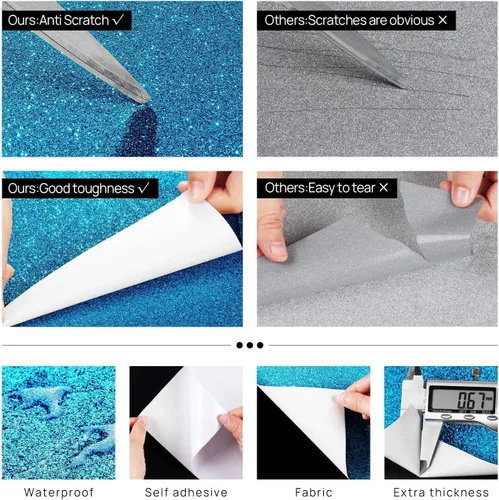 Miniatura 3 de FunStick Papel Tapiz con Purpurina Azul Océano Adhesivo y Despegable Autoadhesivo Papel de Contacto con Purpurina Azul Brillante Decorativo