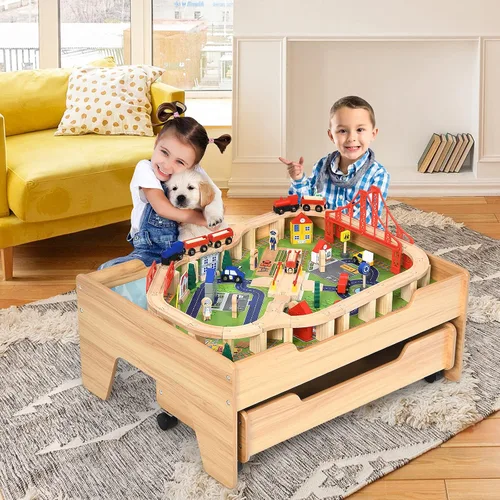 Miniatura 8 de HONEY JOY Mesa de tren, mesa de actividades de madera para niños con cajón de almacenamiento, 100 piezas multicolores, pistas, trenes, autos, juego