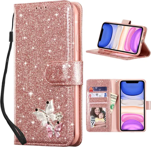 Miniatura 12 de UEEBAI Funda tipo cartera para iPhone 11, funda de piel sintética con purpurina para teléfono, ranuras para tarjetas, funda con función atril