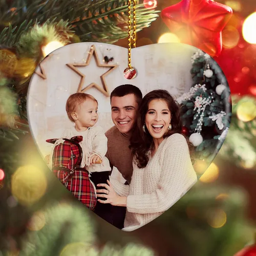 Adorno de Navidad personalizado con cualquier imagen, carga cualquier foto - Texto opcional - Recuerdo de Navidad - Corazón de cerámica