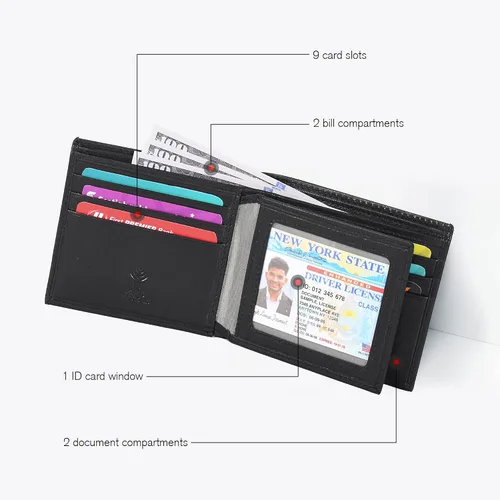 Miniatura 3 de Cartera para bolsillo frontal, bloqueo RFID, de piel, plegable, con ventana de identificación, para hombre