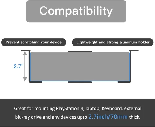 Miniatura 6 de Soporte para laptop debajo del escritorio, soporte para laptop debajo del escritorio, espacio efectivo de 2.7 pulgadas de alto, soporte de aluminio