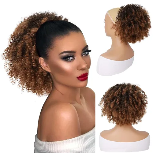 Miniatura 15 de Peluca rizada con flequillo corto afro para mujeres negras, G&T Wig, rizos esponjosos, flequillo clip-in (1B, flequillo simple)