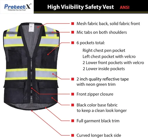 Miniatura 5 de ProtectX - Chaleco de seguridad de alta visibilidad con 6 bolsillos, clase 2 reflectante, de alta visibilidad, para hombres y mujeres, chaleco