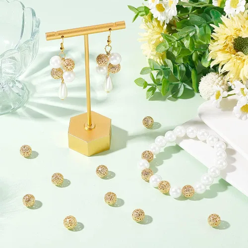 Miniatura 5 de BENECREAT - 40 piezas de cuentas de filigrana redondas huecas bañadas en oro de 18 quilates, cuentas de filigrana huecas chapadas en oro, cuentas