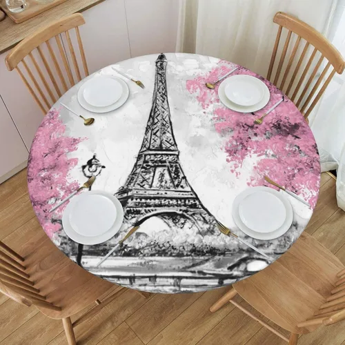 Miniatura 11 de Fiokroo Mantel de torre Eiffel con borde elástico, mantel redondo para viajes románticos en París, lavable, reutilizable, para cocina, comedor