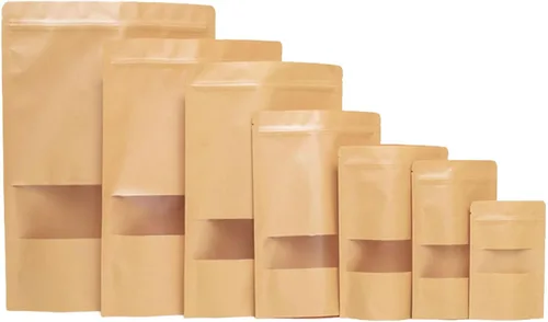 50 bolsas de papel kraft con ventana resellable de pie, bolsas con cierre de cremallera, bolsa de almacenamiento de alimentos a granel para pequeñas