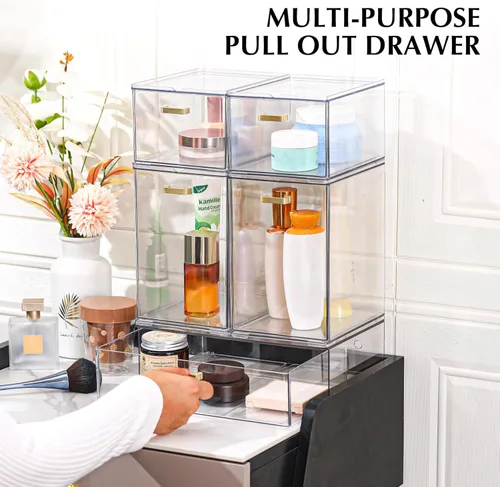 Miniatura 4 de LALOBLUE Juego de 5 cajones de almacenamiento apilables, cubos organizadores de acrílico transparente para suministros de belleza, perfectos