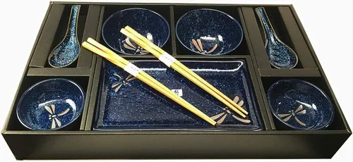 Miniatura 4 de Ebros Gift Juego de 10 platos japoneses de porcelana azul Tombo Dragonfly para sushi para 2 personas, pares de platos de sushi, cuencos de sopa