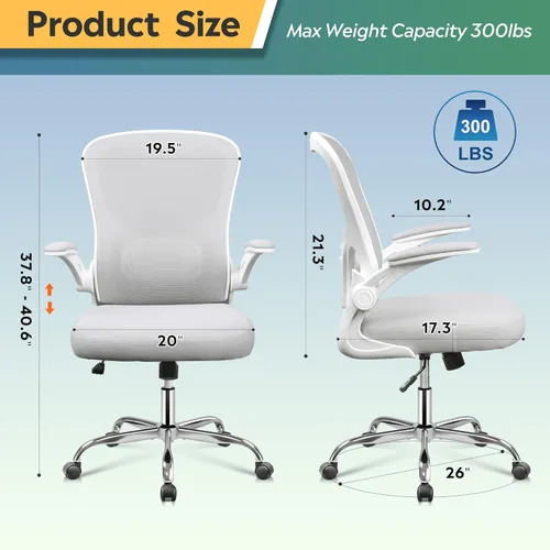 Miniatura 3 de DEVAISE Silla de oficina ergonómica para computadora con reposabrazos abatibles, cómoda malla con soporte lumbar ajustable, color blanco