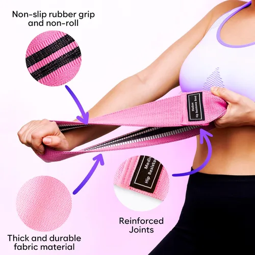 Miniatura 3 de Bandas anchas de resistencia de tela para entrenar 3 bandas antideslizantes de nivel de fuerza para mujeres y hombres Viene con una bolsa y Rosa