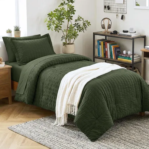 Miniatura 37 de CozyLux Juego de ropa de cama con edredón tamaño King Beige Seersucker de 7 piezas, juego de cama en una bolsa, con edredón, sábanas, fundas