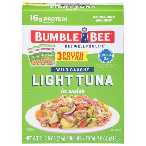 Bumble Bee Chunk Light Atún en agua, bolsas de 2.5 onzas (paquete de 3) – Paquete de atún capturado salvaje listo para comer, 0.63 oz de proteína