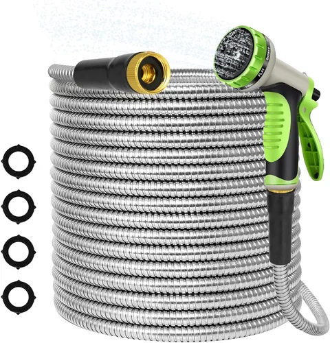 Manguera de jardín de metal de acero inoxidable de 25 pies, ligera, a prueba de pinchazos y óxido, manguera de agua resistente para patio, caravana,