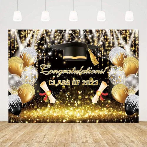 Miniatura 2 de AIBIIN Fondo de globo Bokeh con purpurina de 7 x 5 pies para la clase de 2023, color negro y dorado con purpurina Bokeh, felicitaciones por fiesta