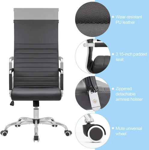 Miniatura 5 de Silla de oficina acanalada con respaldo alto, silla de escritorio de piel sintética, silla giratoria ajustable, silla de computadora con Negro