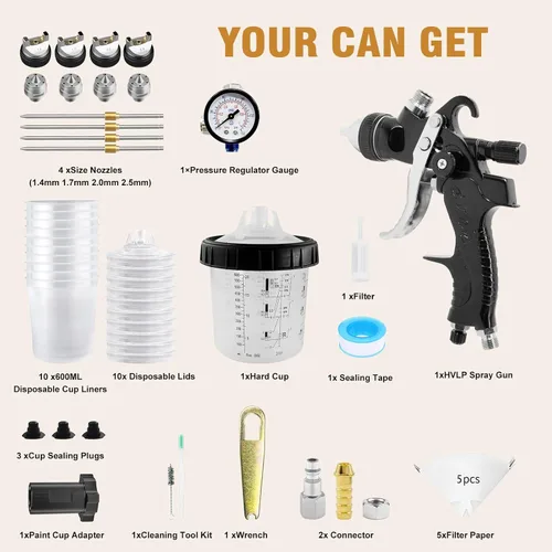 Miniatura 7 de HVLP - Kit de pistola pulverizadora con 10 vasos de pintura desechables de 22.0 fl oz, boquillas de 1.4/1.7/2.0/0.098 in, kit de pistola de pintura