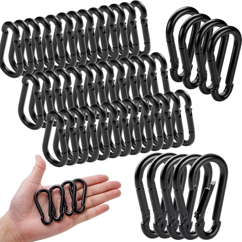 Miniatura 9 de Paquete de 50 mosquetones resistentes, ganchos de resorte grandes de 3.2 pulgadas a granel, mosquetones negros galvanizados para campamento, clips
