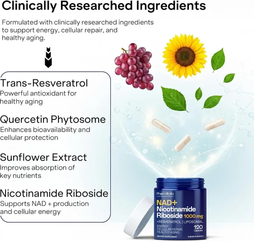 Miniatura 6 de Suplemento liposomal NAD+ con resveratrol - Ribosida de nicotinamida 1000 mg - Suplementos NAD para mujeres y hombres - Alternativa de suplemento