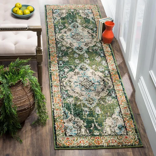 Miniatura 23 de Safavieh Tapete decorativo de 2 pies 2 pulgadas x 4 pies de la colección Monaco, verde y celeste, diseño desgastado de medallón, no desprende