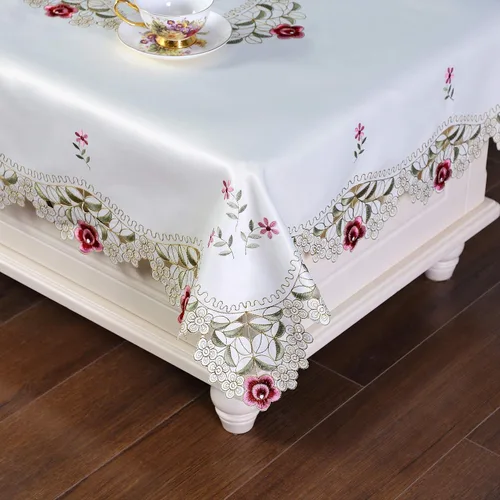 Miniatura 3 de Mantel bordado de damasco rosa camelia, rectangular, color blanco roto 42 x 60 pulgadas