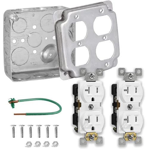 Kit de caja de tomacorrientes, incluye caja eléctrica de metal estirado de 4 x 4 pulgadas, 2 receptáculos dúplex de 20 amperios resistentes a