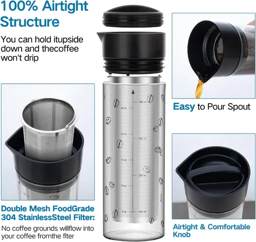 Miniatura 6 de YMMIND Cafetera de café frío de 25 onzas con capacidad para 4 tazas, cafetera helada, jarra de vidrio de borosilicato resistente al calor frío