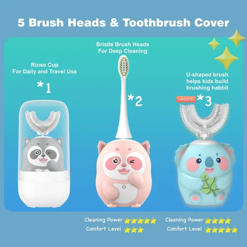 Miniatura 5 de Cepillo de dientes eléctrico para niños, cepillo de dientes en forma de U, cepillo automático sónico para niños con 5 cabezales de cepillo, 6 modos