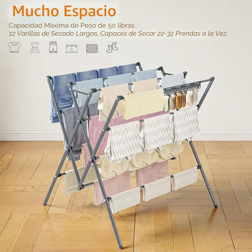 Miniatura 6 de HOMIDEC Tendedero de secado de ropa, 12 postes de secado grandes con clips para calcetines, estante de secado de ropa, plegable, portátil, para Plata