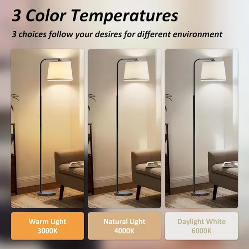 Miniatura 2 de Lámpara de pie AKASUKI para sala de estar con 3 temperaturas de color, lámparas de pie con interruptor de pie para sala de estar, dormitorio, Negro