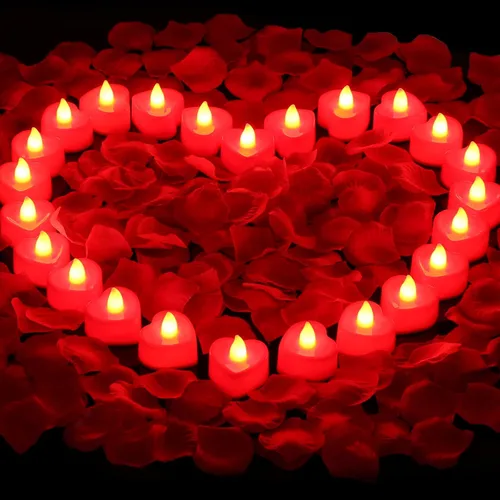 Cridoz - Pétalos de rosa artificiales para noche romántica - Pétalos de rosa roja artificiales con velas LED para decoración, boda, día de San Rojo