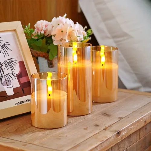 Miniatura 3 de Homemory juego de 3 velas sin llama de vidrio ámbar, velas LED acrílicas que funcionan con pilas, con control remoto y temporizador, Velas Radiance