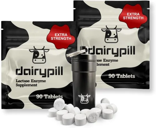 DairyPill Enzima lactasa 18,000 FCC por pastilla, 180 unidades, solución para intolerancia a la lactosa, portátil, fácil de tragar, conservante y