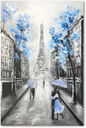 Miniatura 8 de YPY Arte de Pared en Lienzo Floral Azul de París: Imagen de Flor Azul Torre Eiffel Gris para Decoración de Baño, Pintura Texturizada de Paisaje