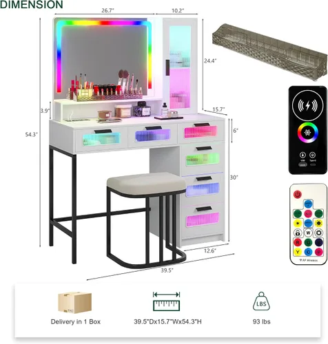 Miniatura 2 de HNEBC - Mesa de tocador RGB con espejo y luces, mesa de maquillaje con espejo LED y estación de carga USB/inalámbrica, juegos de mesa de tocador