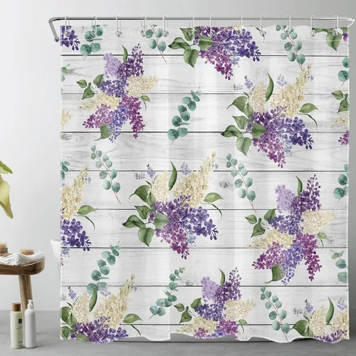 Miniatura 17 de EOBTAIN Cortina de ducha floral púrpura para baño, flores de acuarela y hojas de eucalipto verde sobre beige, cortina de ducha con 10 ganchos, juego