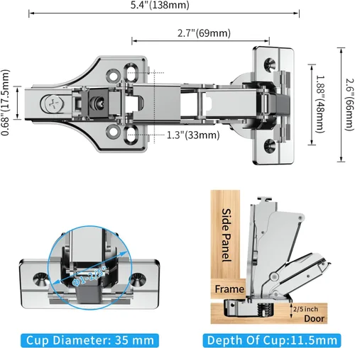 Miniatura 4 de Chibery Paquete de 2 bisagras de esquina Lazy Susan de 135°, base de bisagra tridimensional ajustable, ajuste 3D, superposición completa oculta