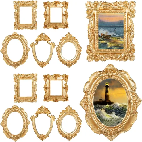 OMISTAR 10 marcos de fotos de resina vintage, 5 estilos de resina antigua, marco de pared ovalado rectangular pequeño, marco decorativo dorado en