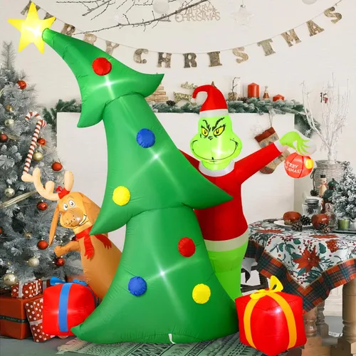 Miniatura 2 de Hioasis Decoración inflable de Navidad para exteriores de 9 pies, árbol con monstruo verde de Navidad, perro y cajas de regalo con luces LED
