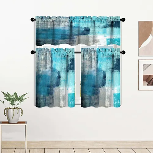 Cenefa de cortina de cocina turquesa y niveles, juego de cenefas de arte abstracto, color verde azulado, con bolsillo para cortinero, para ventana