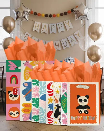 Miniatura 6 de qiqee Bolsas de regalo de papel surtido con asas de papel de seda, 8 bolsas de regalo de cartón de cumpleaños de animales florales para mujeres