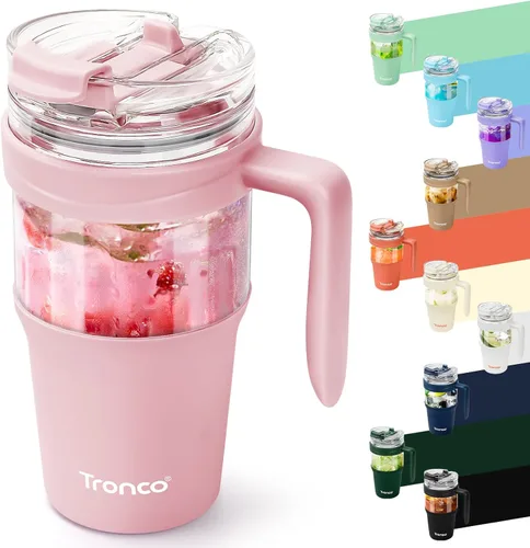 Tronco Vaso de vidrio de 32 onzas con popote y tapa, tapa con popote 2 en 1 a prueba de fugas, botellas de agua de vidrio con asa, apto para Rosa