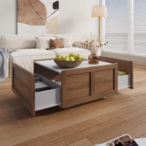 Miniatura 9 de HedoAjim - Mesa de centro de granja con 2 cajones de almacenamiento para sala de estar, mesa cuadrada central moderna, mesa de cóctel contemporánea