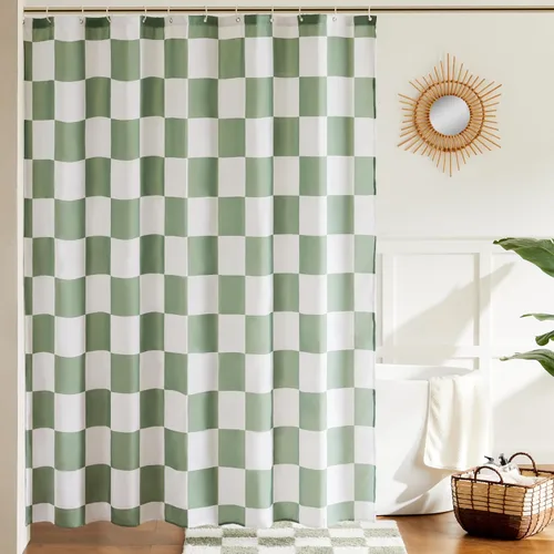 Ohocut Cortina de ducha a cuadros, cortinas de ducha verde salvia para baño, bonita cortina de ducha retro a cuadros, estética vintage, cortina de