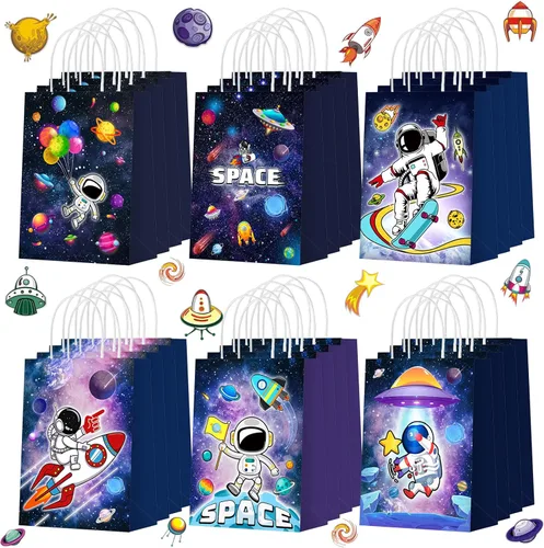 Outus 24 piezas de bolsas de recuerdos de fiesta espacial, bolsas de regalo de galaxia, bolsas de papel para dulces de astronautas, bolsas de