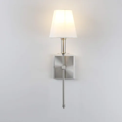 Miniatura 6 de PERMO Aplique de pared industrial rústico clásico con cable con pantalla textil blanca acampanada y soporte de columna cónico de níquel cepillado