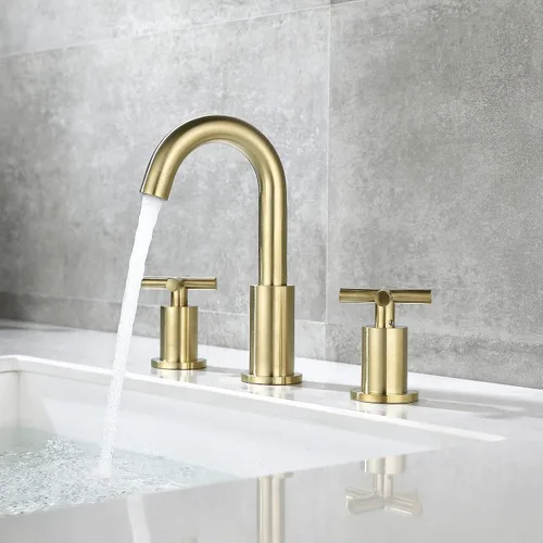 Miniatura 6 de ChiLDano CH2133BG - Grifo de baño de latón cepillado de 8 pulgadas, 2 manijas de latón con 3 agujeros para fregadero con válvula y montaje