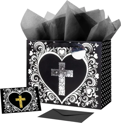 JWSCYSY Bolsa de regalo grande de 12.6" negra con diseño floral cruzado dorado metálico, tarjeta y papel de seda para bautizos, bautizos, primeras