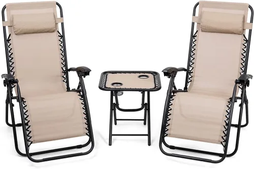 Giantex Juego de 3 sillas de gravedad cero, tumbonas para patio, piscina, reclinables, plegables, sillas de descanso para patio trasero (beige)