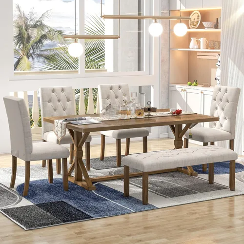 Miniatura 10 de KLMM Juego de mesa de cocina de 6 piezas de madera maciza de mediados de siglo con base de estante con patas cruzadas, 1 banco tapizado y 4 sillas
